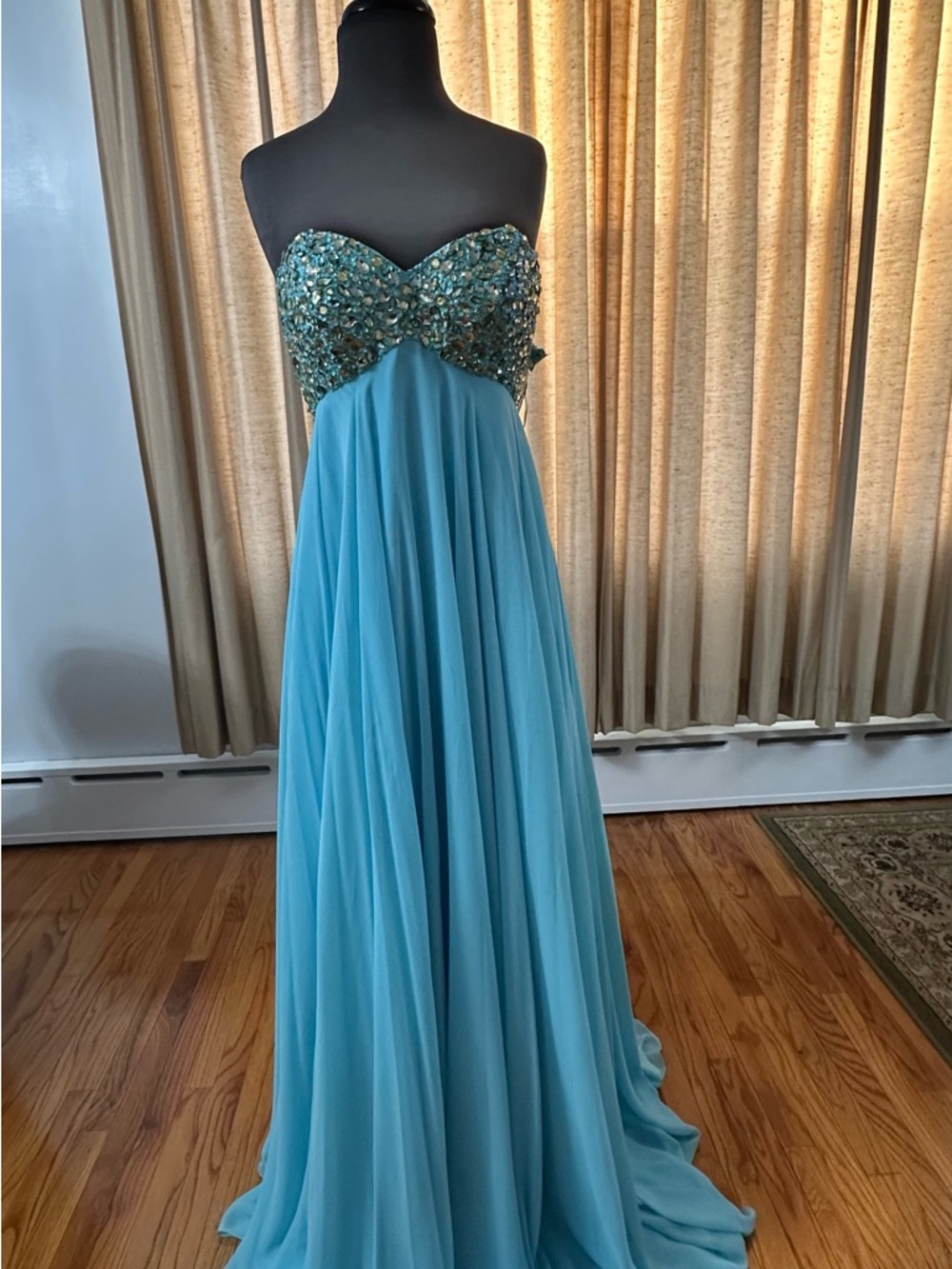 Strapless Beaded Aqua Evening Gown